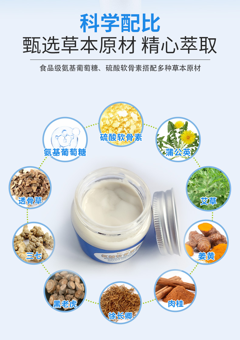 科學(xué)配比，甄選草本原材精心萃取，食品級(jí)氨基葡萄糖、硫酸軟骨素搭配多種草本原材